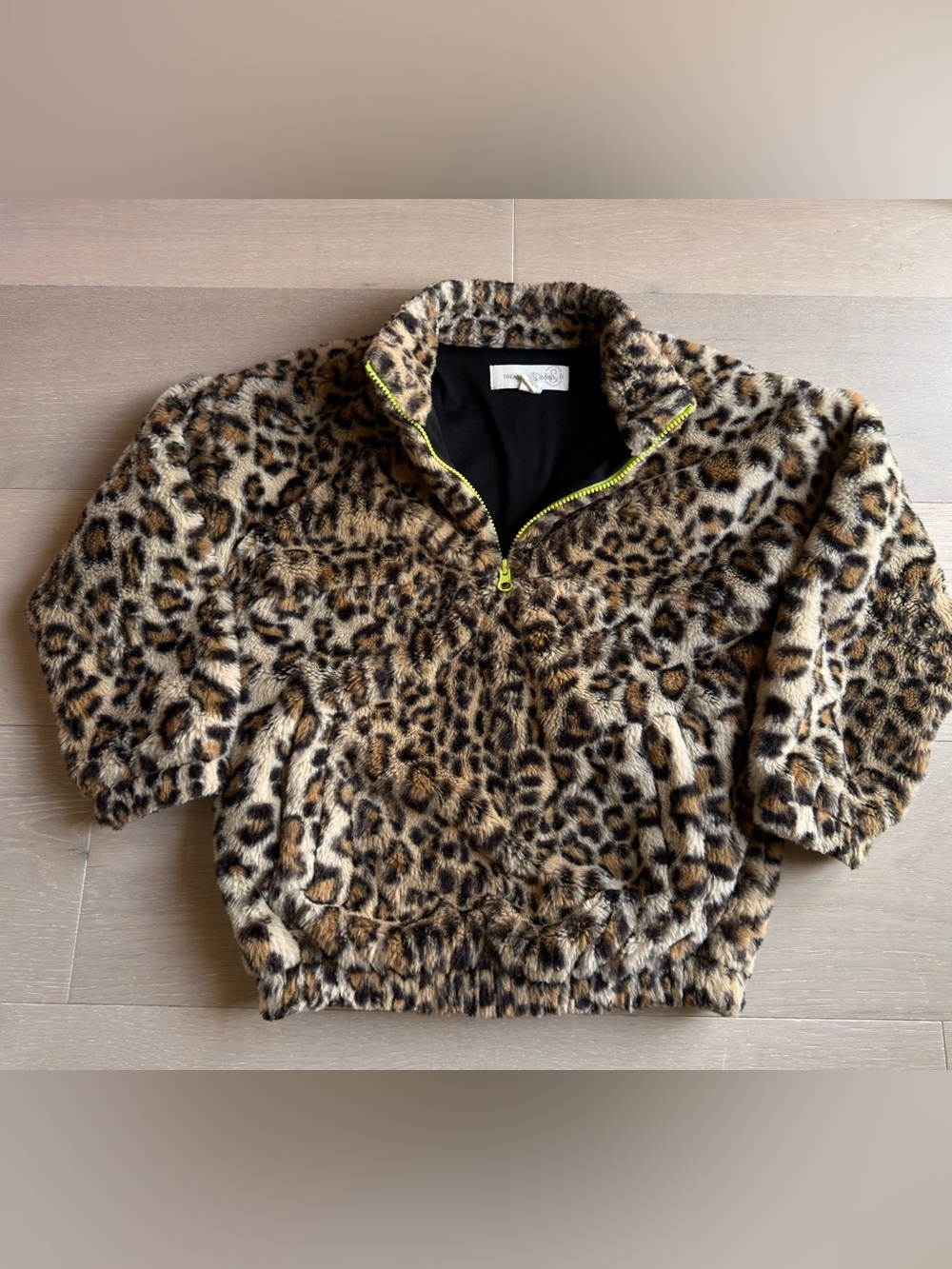 Treasure & Bond Leopard Print Faux Fur Half-Zip Jacket w Neon Zip - Size S 7/8